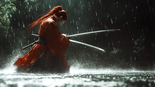 Rain swept samurai kneels with twin katanas drawn in water.