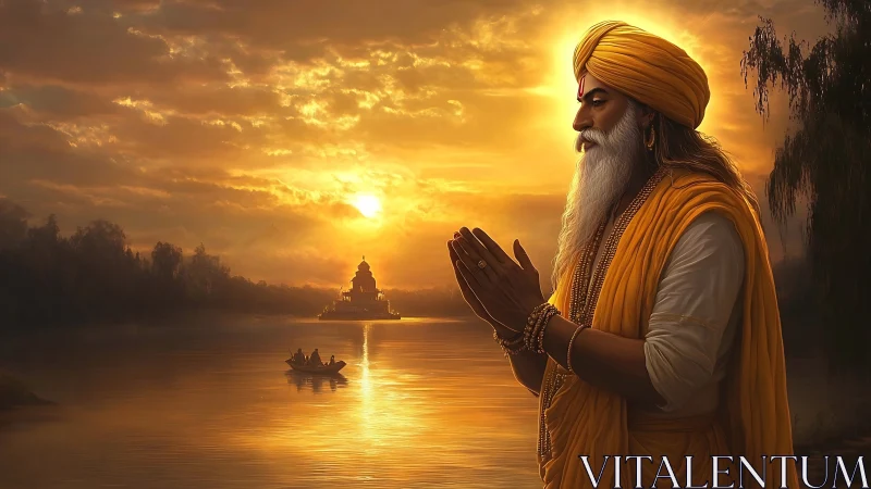 Sunlit river ascetic in meditative profile, volumetric haze.