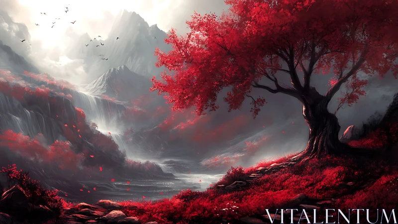 Crimson tree overlooks misty mountains and river valley