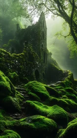 Mossbound ruin stairway humming under emerald morning fog.