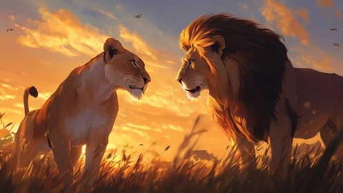 Warm-toned savanna encounter: leonine predators in golden hour illumination