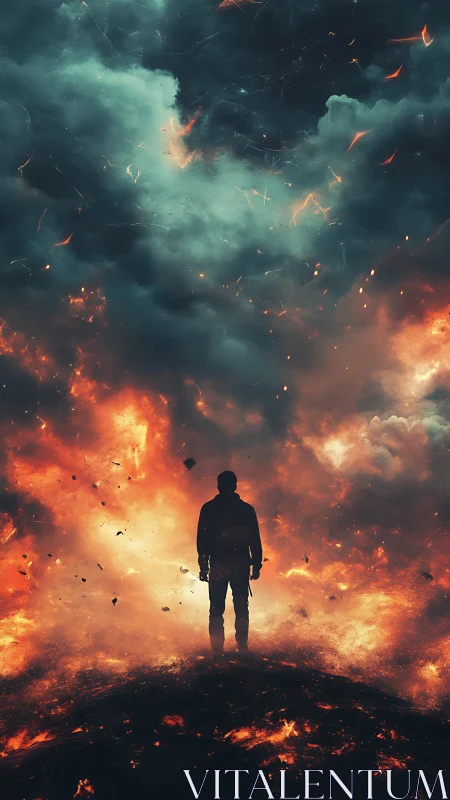 Silhouetted figure amid explosive fire and atmospheric clouds