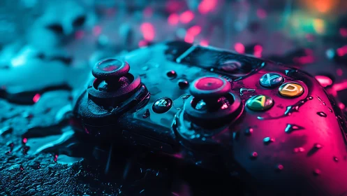 Neon-lit gaming controller rests in wet cyberpunk environment