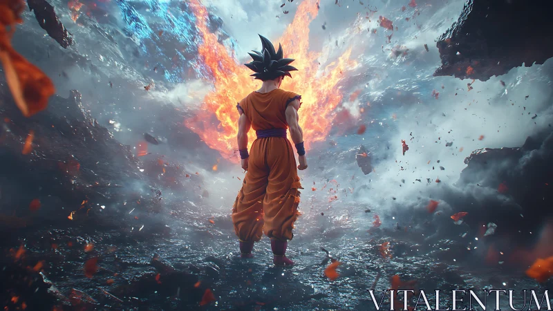 Character stands before explosive fiery and icy energy rift