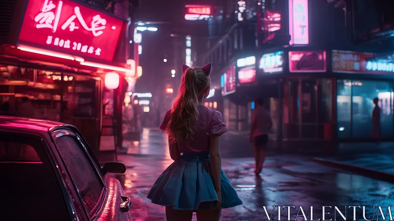 Neon drenched alley with cosplay girl in pastel streetwear