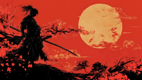 Samurai silhouette stands before large textured sun