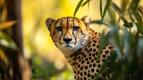 Cheetah gazes through sunlit foliage in shallow depth portrait