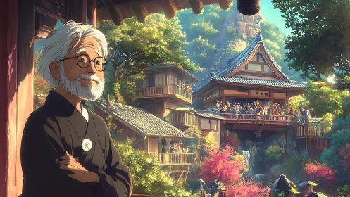 Elderly scholar in serene anime mountain temple village.