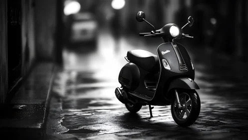 Black scooter parked on wet cobblestone street at night.