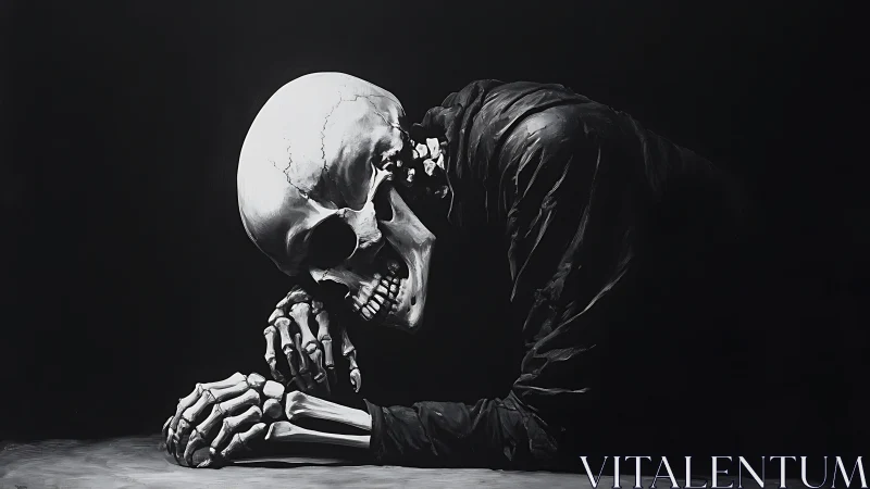 Contemplative skeleton rests in darkness, cloaked in shadow.