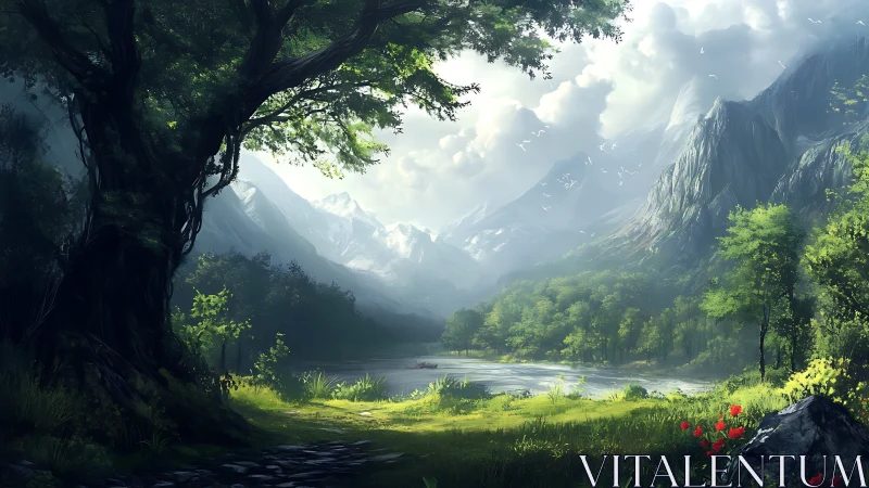 Algorithmically rendered alpine valley with luminous forest light.