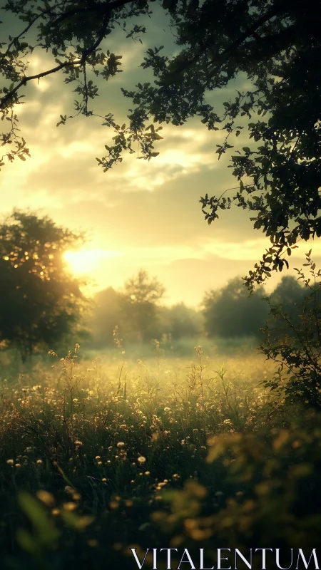 Sunlit meadow with backlit foliage and low morning mist