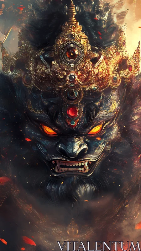 Infernal crowned demon mask with molten embers and glyphic jewels