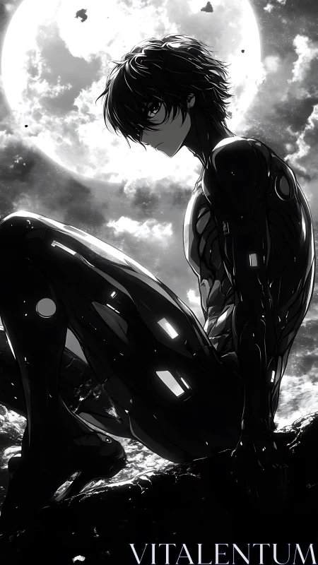 Cyborg silhouette in lunar backlight defines sleek biomech form