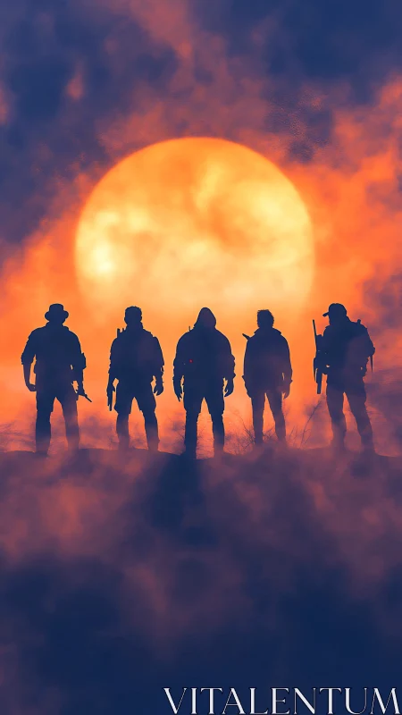 Silhouetted tactical squad aligned against oversized hazy sun disk