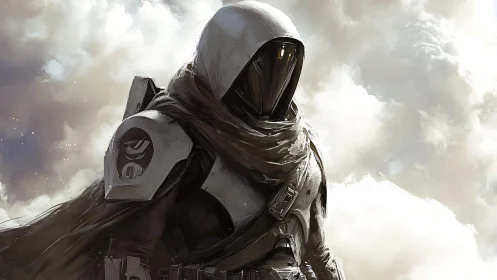 Hooded sci fi soldier in armor stands against bright clouds.