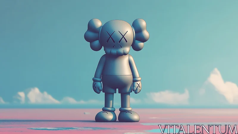 Stylized toy figure standing on pastel open landscape.