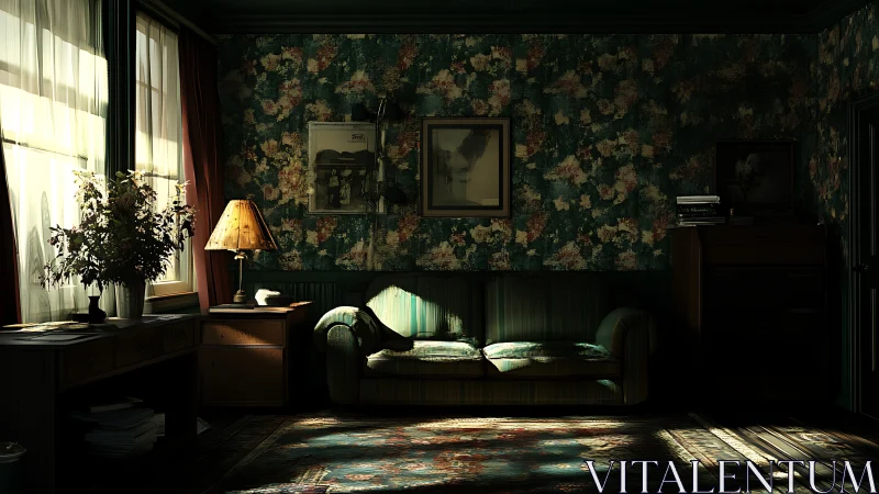 Sunlit living room interior shows patterned walls and sofa