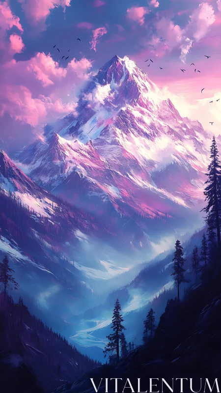 Neon dusk mountain peak over glowing alpine valley.