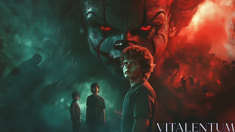 Creepy clown face looms over three worried boys in fog