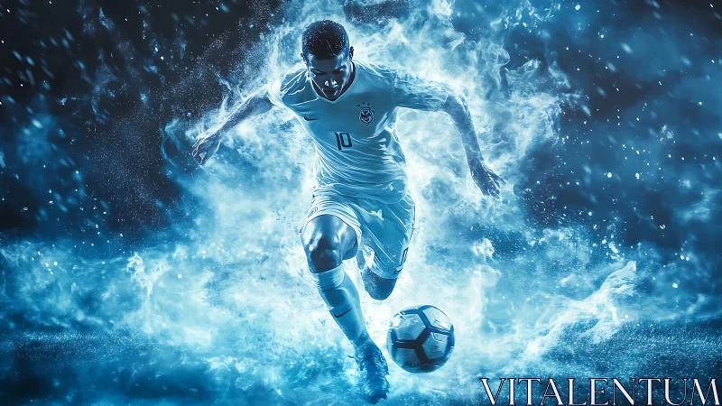 Dynamic blue energy soccer striker in motion surge.