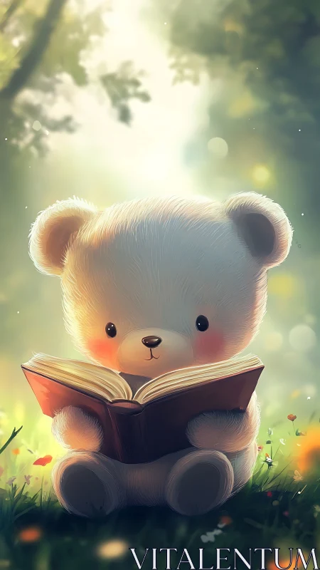 Soft-sunlit storybear studying secrets of a garden book.
