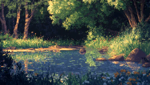 Sunlit forest pond shimmers gently in soft pixelated light