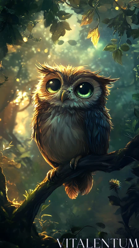 Bioluminescent-eyed juvenile owl in volumetric forest light.