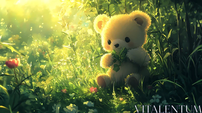 Plush teddy bear in dense sunlit meadow with foliage.