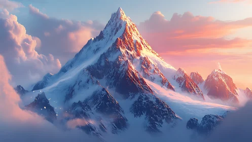 Glaciated alpine massif under volumetric dusk illumination.