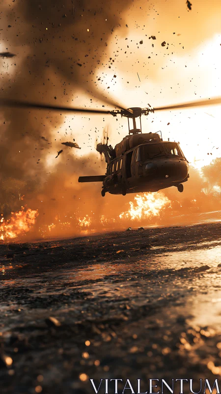 Military utility helicopter skimming blast-scorched roadway at dusk