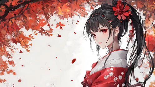 Crimson kimono girl beneath swirling autumn maple leaves.
