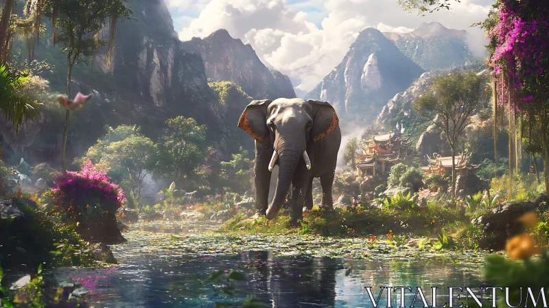 Elephant guardian crossing a lotus river in jade mountains.