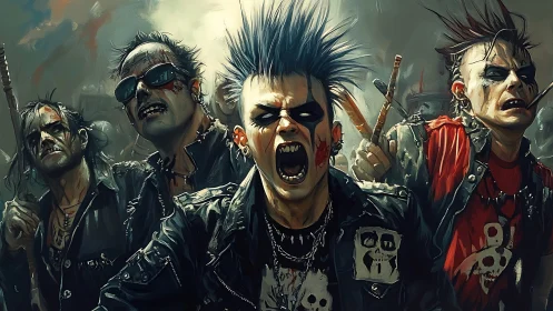 Riotous punk band screams amid smoke and urban chaos.