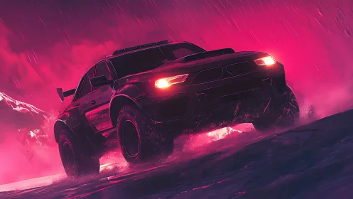 Neon storm racer shreds a crimson night highway horizon.
