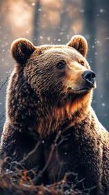 Brown bear gazes upward amid falling snow in soft forest light.