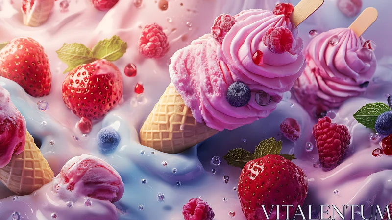 Swirled berry ice cream cones float in dreamy pastel cream.