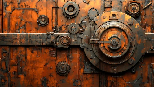 Weathered mechanical vault door glows with rusted intensity
