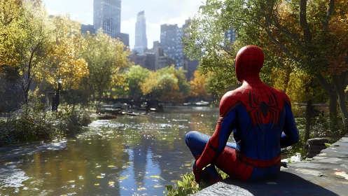 Spider-Man rests by a calm city park lake in autumn light.