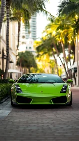 Lime green supercar dominates sunlit palm street scene.