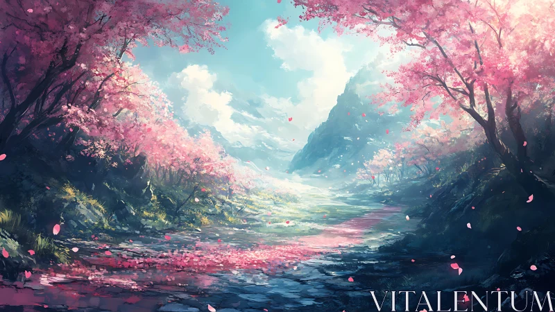 Enchanting cherry blossom valley bathed in gentle spring light.