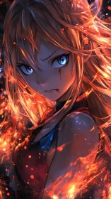 Fiery anime heroine rendered in high-contrast chromatic lighting