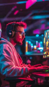 Gamer sits at RGB-lit PC setup wearing headphones and glasses.