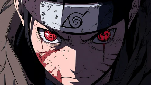 Fierce shinobi gaze framed by battle scars and shadowed light.