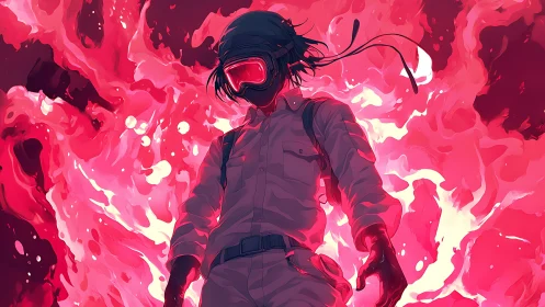 Neon-helmeted figure amid erupting crimson energy storm.