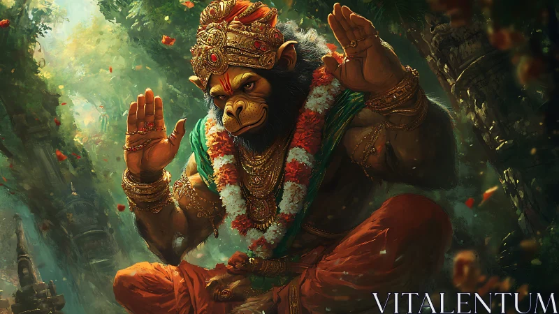 Hanuman-inspired monkey deity in forest meditation pose.
