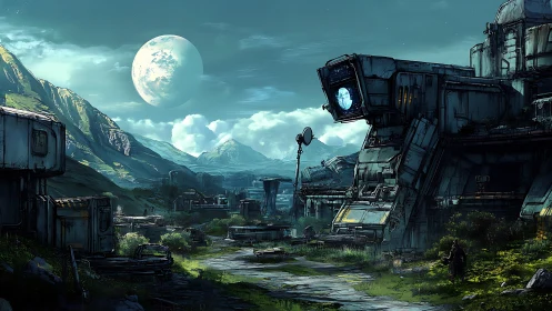 Abandoned planetary outpost with derelict industrial megastructure under rising moon