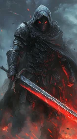 Hooded dark knight with red sword in fiery battlefield.