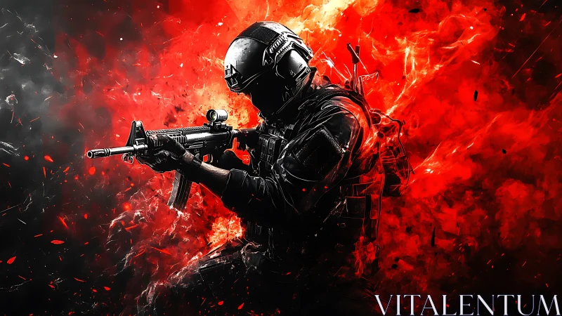 Tactical operator silhouette amid red combustive particle field.