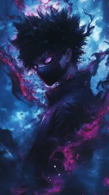 Midnight masked sorcerer wrapped in electric nebula shadows.